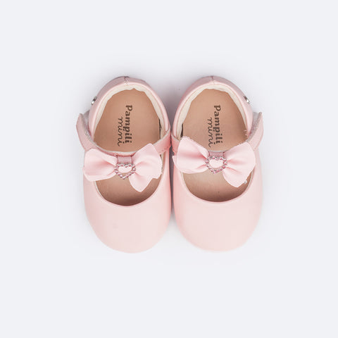 Sapato de Bebê Pampili Nina Laço Coração de Strass Rosa Glacê - superior do sapato com laço e coração de strass