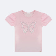 Camiseta Infantil Pampili Borboleta com Strass Rosa - frente da camiseta de borboleta com mangas bufante