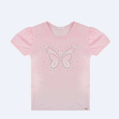 Camiseta Infantil Pampili Borboleta com Strass Rosa - frente da camiseta de borboleta com mangas bufante