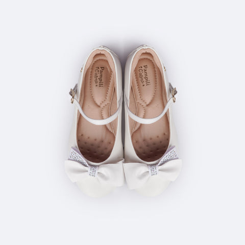 Sapato Infantil Feminino Pampili Angel Laço Assimétrico com Strass Branco - superior do sapato com palmilha confortável