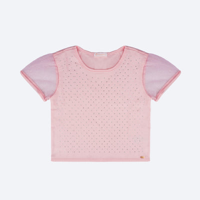 Camiseta Infantil Pampili Tule e Strass Rosa Glacê - frente da blusa com mangas de tule