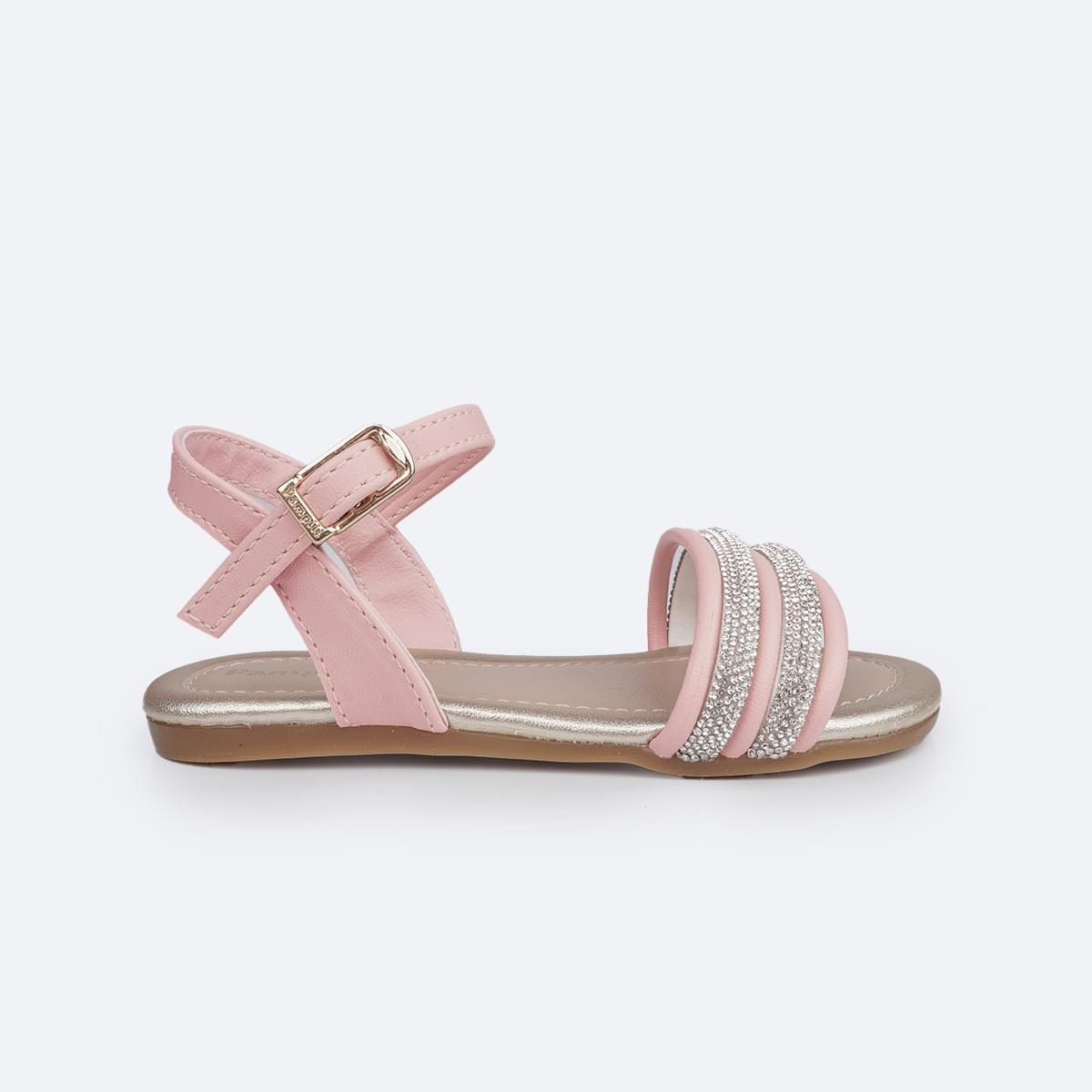Sandália Infantil Primeiros Passos Pampili Mili Tiras e Strass Rosa Glacê - lateral da sandália com fivela easy