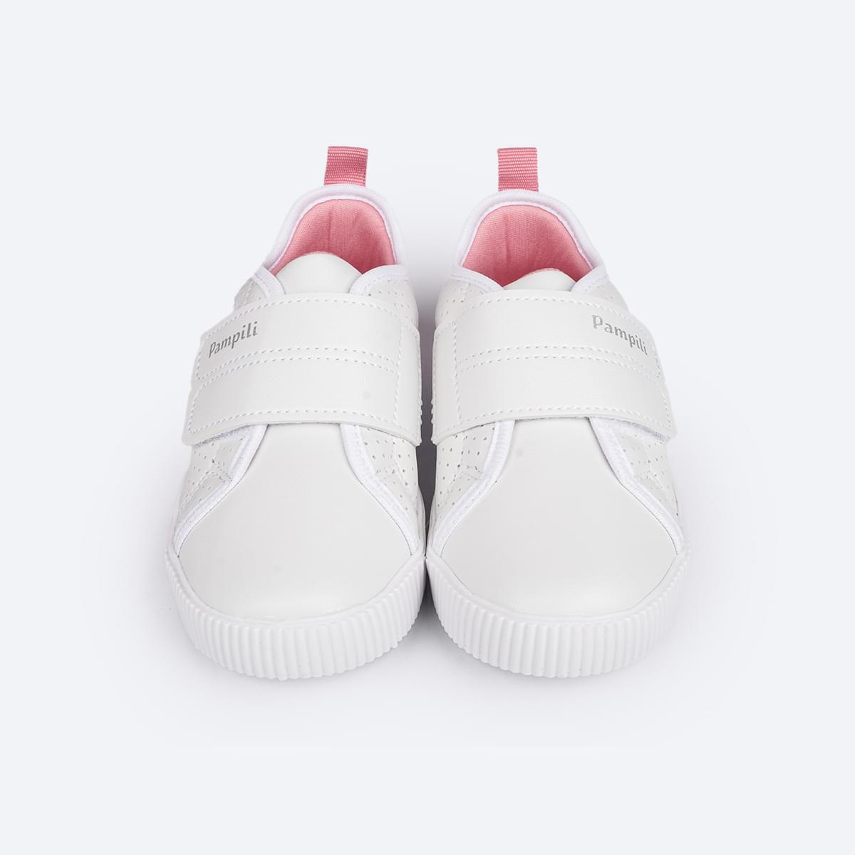 Tênis Escolar Infantil Pampili Luna Branco - Vem com Pulseira Porta Moedas - frente do tenis com velcro