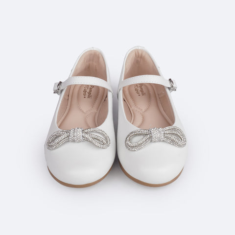 Sapato Infantil Pampili Angel Laço de Strass Branco - frente do sapato branco com laço