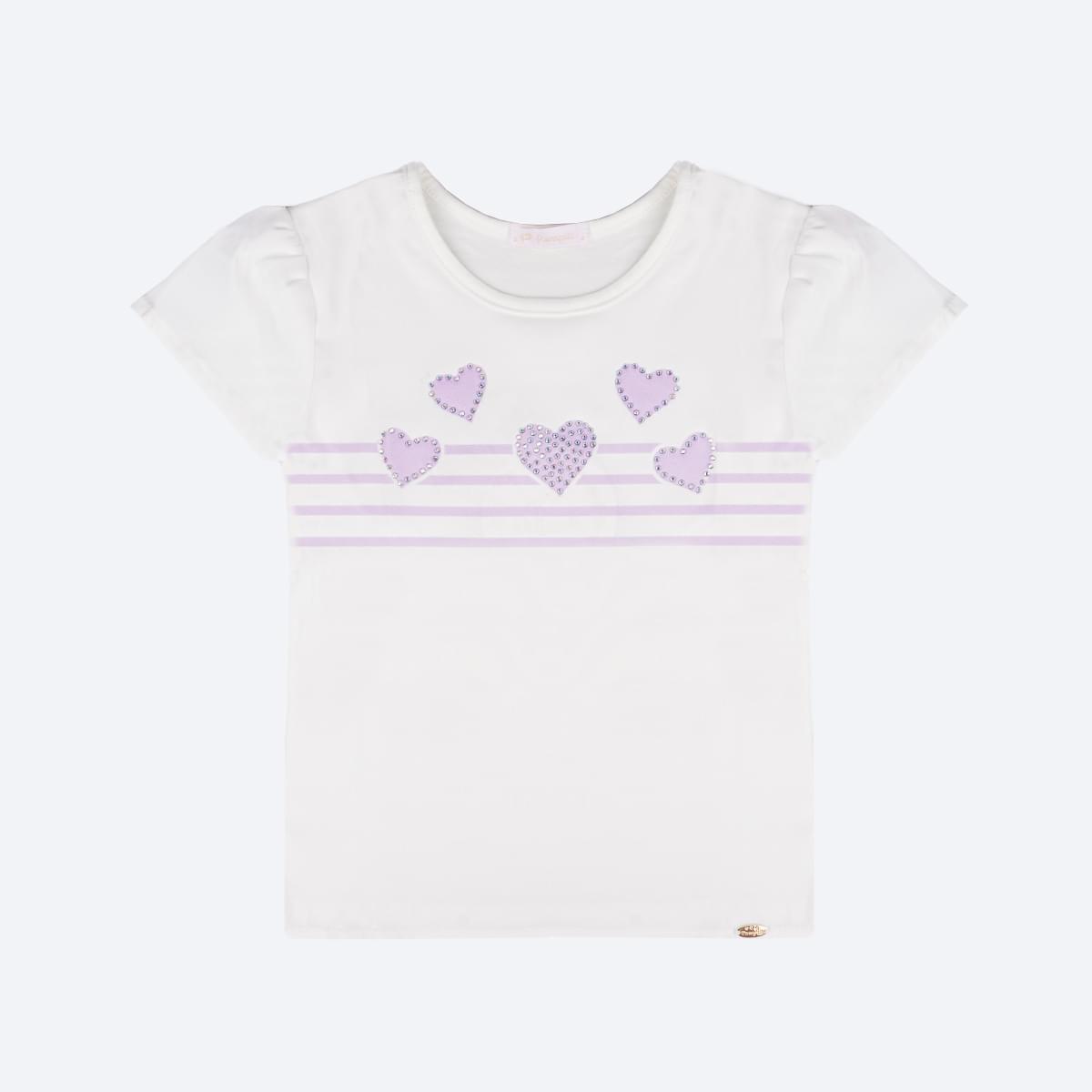 Camiseta Infantil Pampili Corações e Listras Off White e Lilás - frente da camiseta branca