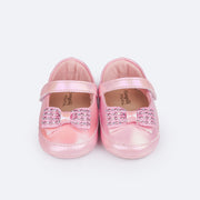 Sapato de Bebê Pampili Nina Laço Glitter e Tachas Rosê - frente da sapatilha com tachas