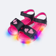 Sandália de Led Infantil Pampili Lulli Corações Bordados Preta e Pink Fluor