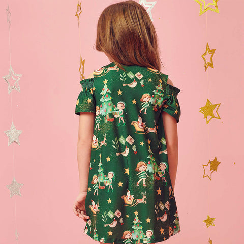 Vestido Infantil Kukiê Natal com Mangas Verde - costas do vestido estampado