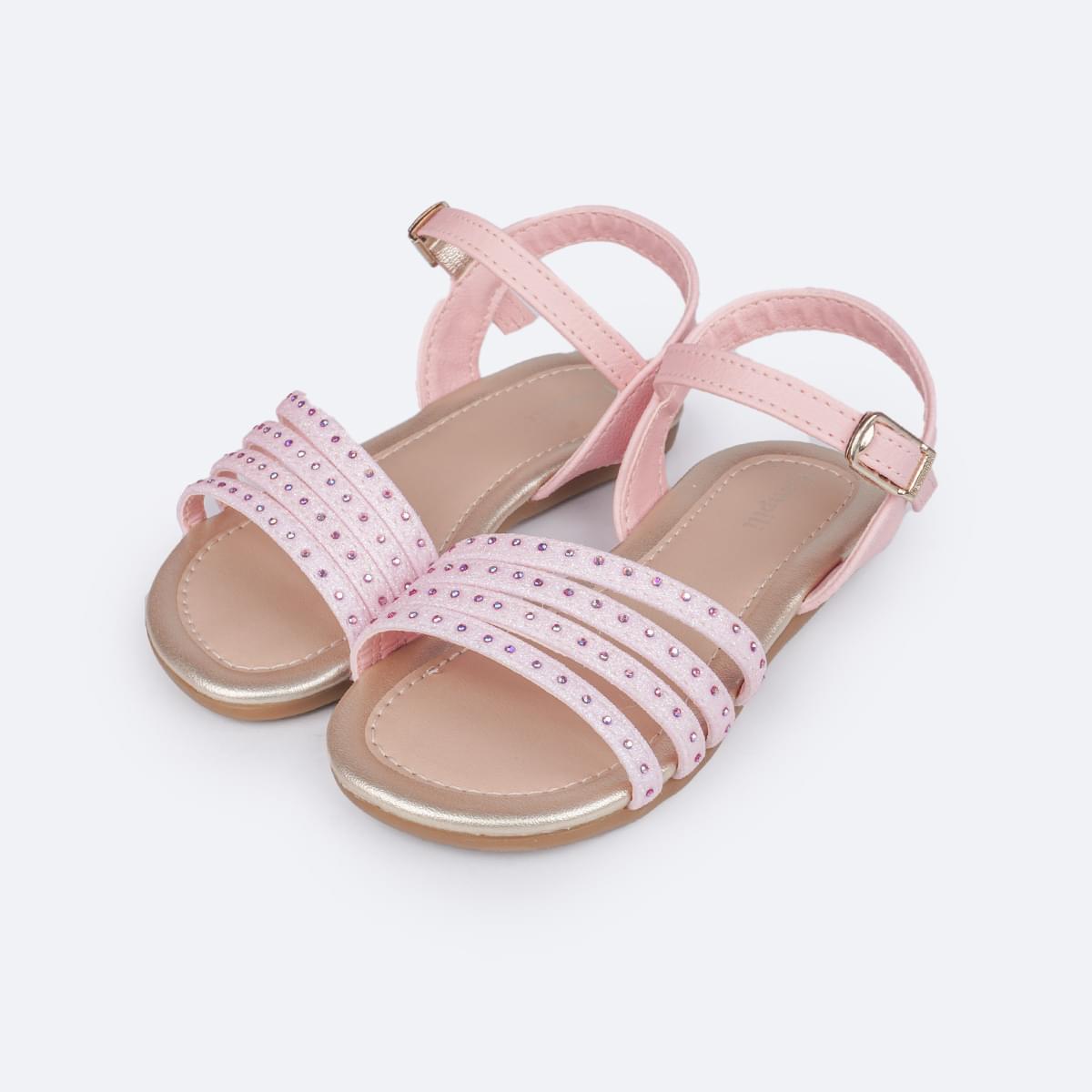 Sandália Infantil Primeiros Passos Pampili Mili Tiras Glitter e Strass Rosa - frente da sandália com glitter e strass