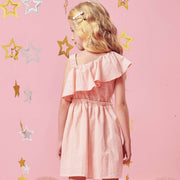 Vestido Infantil Kukiê Assimétrico Rosa - costas do vestido na menina