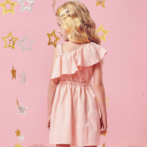 Vestido Infantil Kukiê Assimétrico Rosa - costas do vestido na menina
