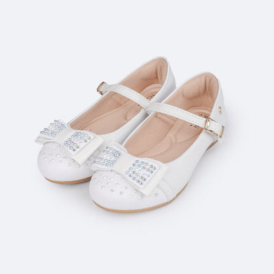 Sapato Infantil Feminino Pampili Angel Laço com Glitter e Strass Branco - frente do sapato branco
