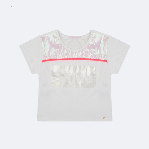 Camiseta Infantil Pampili Shine Paetê Off White - frente da camiseta com paetê