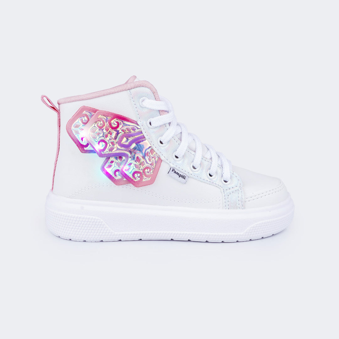 プリンセス④ Tênis de Led Infantil Feminino Pampili XP24 Asa Cano Alto Branco