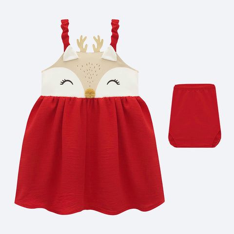 Vestido de Bebê Kukiê Rena de Natal Vermelho - Vem com Calcinha - vestido com calcinha