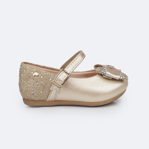 Sapato Infantil Pampili Mini Angel Laço Glitter e Strass Dourado