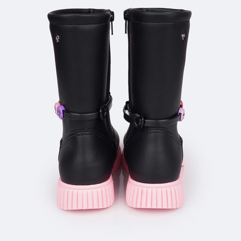 Bota Infantil Feminina Pampili Candy Miçangas Preta e Rosa Neon