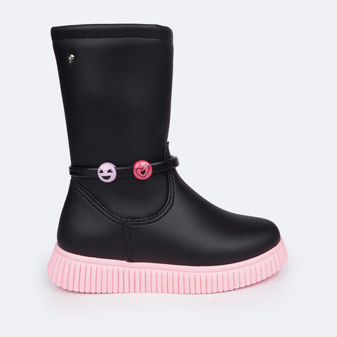 Bota Infantil Feminina Pampili Candy Miçangas Preta e Rosa Neon