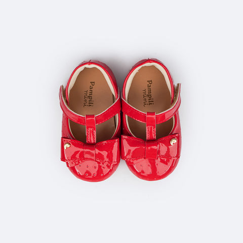 Sapato de Bebê Pampili Nina Calce Fácil Verniz Perfuros e Laço Vermelho Peper - superior do sapato de bebê calce fácil
