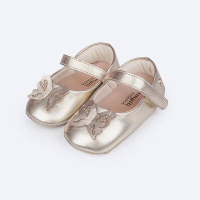 Sapato de Bebê Pampili Nina Borboleta Glitter e Strass Dourado - frente do sapato com borboleta dourada