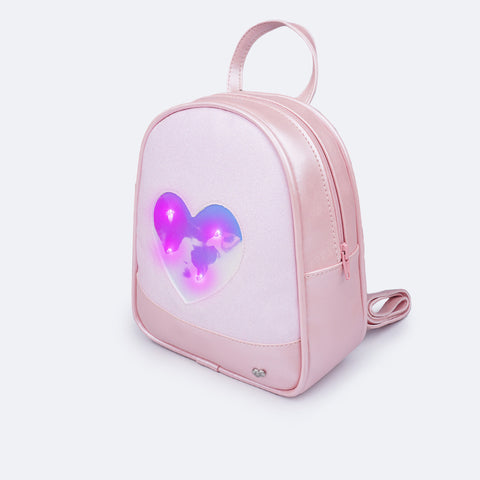  Mochila de Led Infantil Pampili Glitter e Coração Rosa Glacê