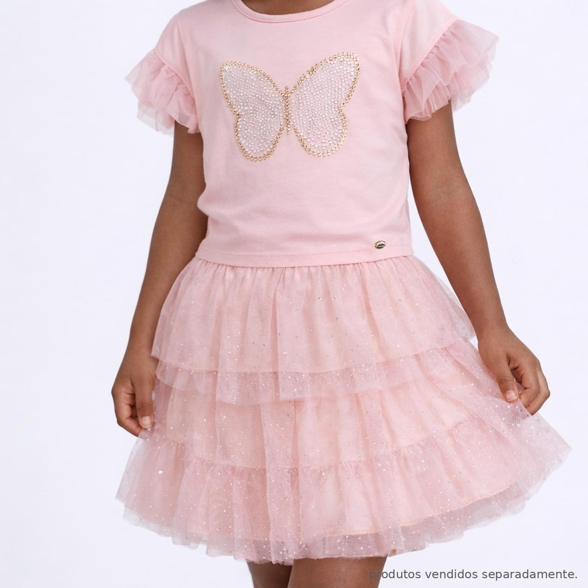 Saia de Tule Infantil Pampili com Strass Prateado Rosa