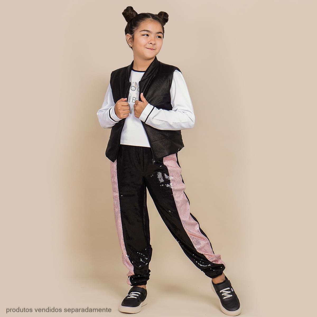 Calça Jogger Pampili Moletom Paetê Preta e Rosa