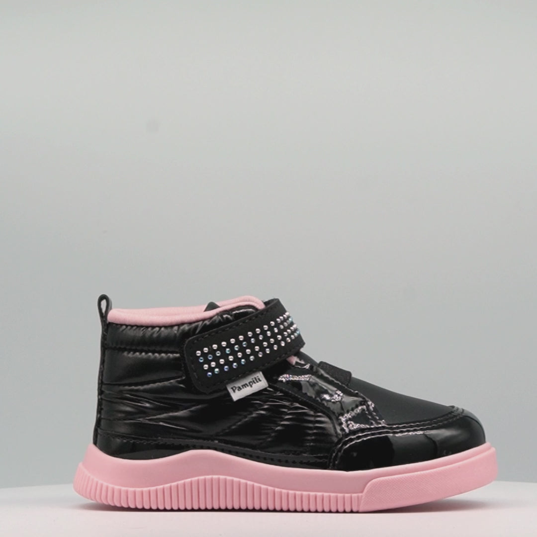 Tênis Cano Alto Infantil Feminino Pom Pom Strass Preto