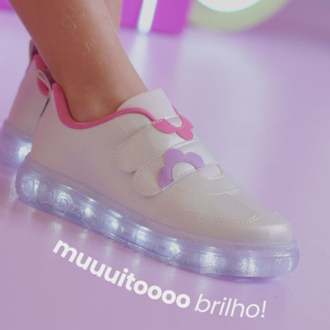 Tênis de Led Infantil Feminino Pampili Sneaker Luz Flores Branco