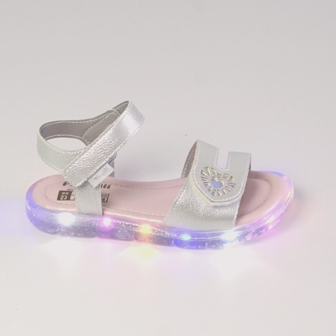 Sandália de Led Infantil Pampili Lulli Coração Holográfico Prata