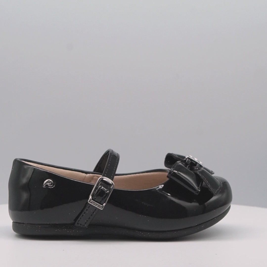 Sapato Infantil Feminino Mini Angel Enfeite Strass Preto Verniz