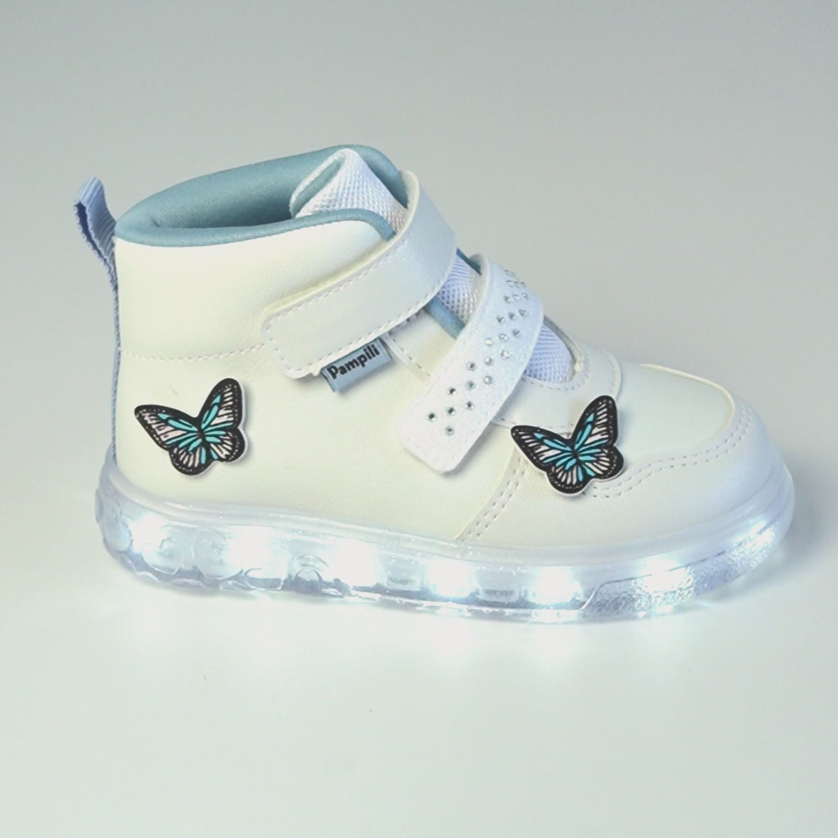 Tênis de Led Pampili Sneaker Luz Cano Médio Borboletas Branco Azul