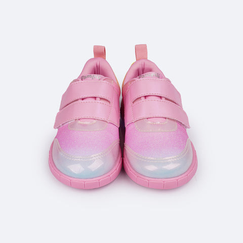 Tênis de Led Infantil Pampili Sneaker Luz Glitter Degradê Rosa e Colorido - frente do tênis menina glitter