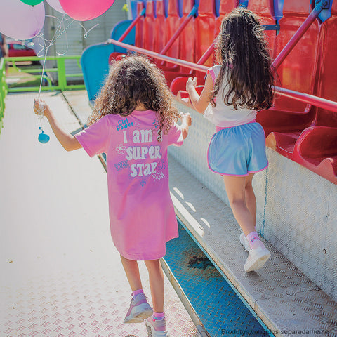 Vestido Pré-Adolescente Bambollina Super Star Holográfico Azul e Rosa - 8 a 12 Anos - roupa infantil feminina