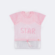 Camiseta Infantil Sobreposta Pampili Star Holográfica Rosa e Prata  - camisetas com transparência 