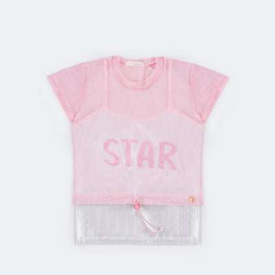 Camiseta Infantil Sobreposta Pampili Star Holográfica Rosa e Prata  - camisetas com transparência 