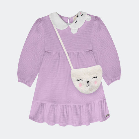 Vestido de Bebê Infanti Manga Longa Ursa Lilás - frente vestido infantil com bolsa