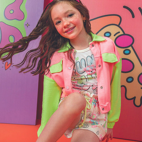Jaqueta Infantil Feminina Infanti Over Moletom Pink e Verde Neon - jaqueta infantil menina