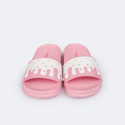 Chinelo Slide Infantil Pampili Fun Glee Doce Rosa e Branco - frente do chinelo infantil