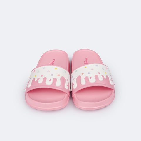 Chinelo Slide Infantil Pampili Fun Glee Doce Rosa e Branco - frente do chinelo infantil