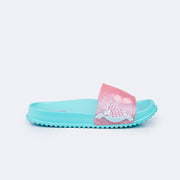 Chinelo Infantil Pampili Fun Glee Sereia Glitter Rosa e Azul - lateral chinelo slide infantil