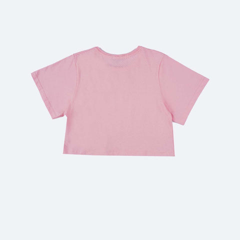 Cropped Infantil Kukiê Emoji Strass Rosa Claro - costas do cropped de menina