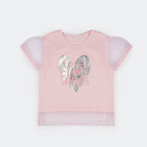 Camiseta Infantil Feminina Pampili Love You Forever Estampa Metalizada Rosa - foto da parte frontal com estampa metalizada 