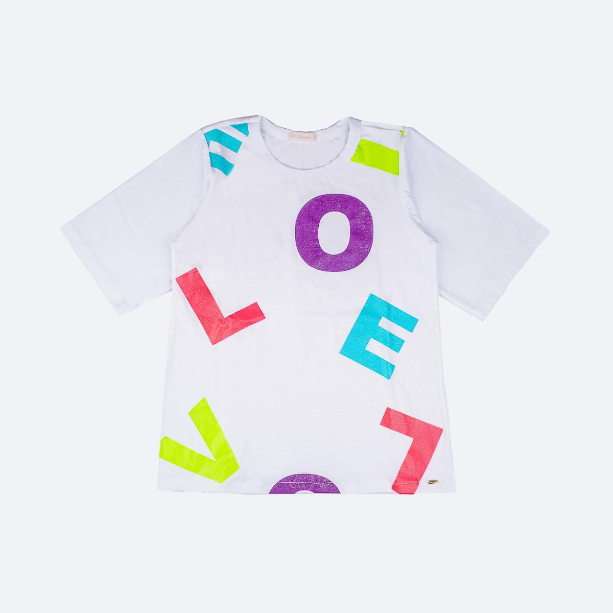 Camiseta Infantil Pampili Longa Love Glitter Branca e Colorida - frente blusa infantil longa