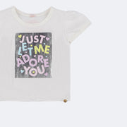 Camiseta Infantil Pampili Cetim Estampa Holográfica Off White  - lateral com manga fofa 