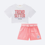 Conjunto Infantil Infanti Branco e Rosa Metalizado - frente da camiseta e short infantil 