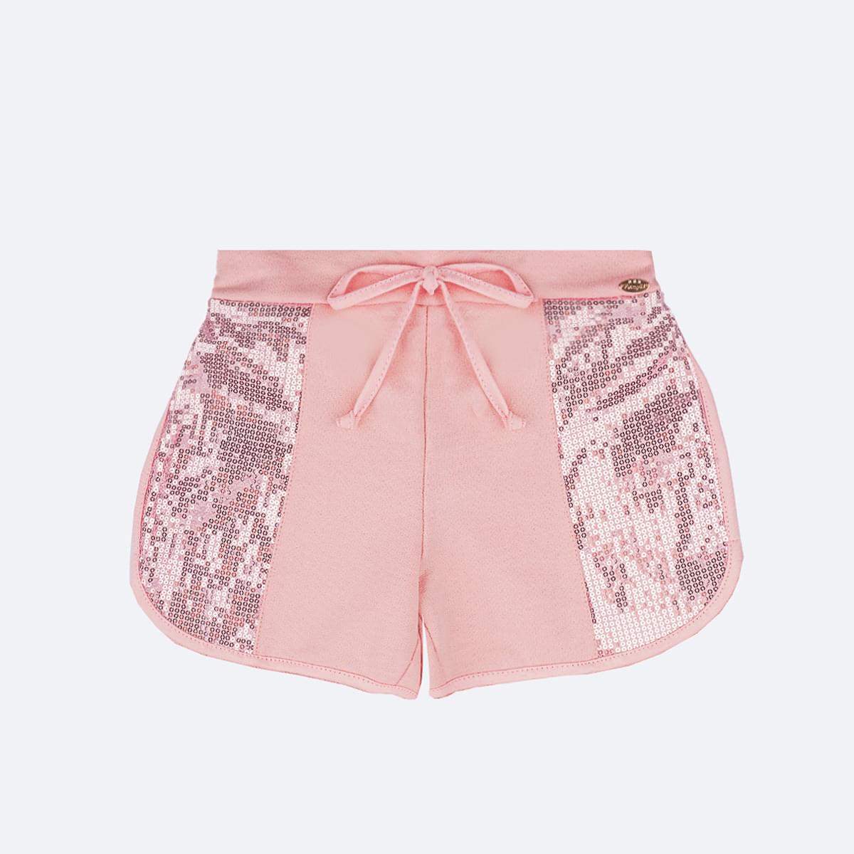 Short Infantil Pampili Moletom Lateral Paetê Rosa - frente short feminino
