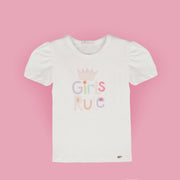 Camiseta Infantil Feminina Pampili Girls Rule com Brilho Off White  - foto da parte frontal com estampa colorida