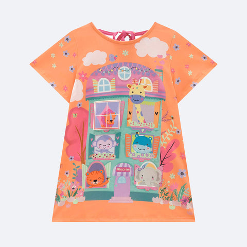 Vestido de Bebê Kukiê Animais Laranja - frente do vestido infantil