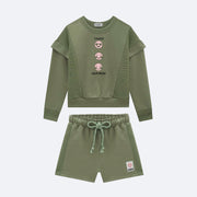 Conjunto Infantil Kukiê Moletom Relevo Carinhas Divertidas Verde - frente conjunto infantil feminino